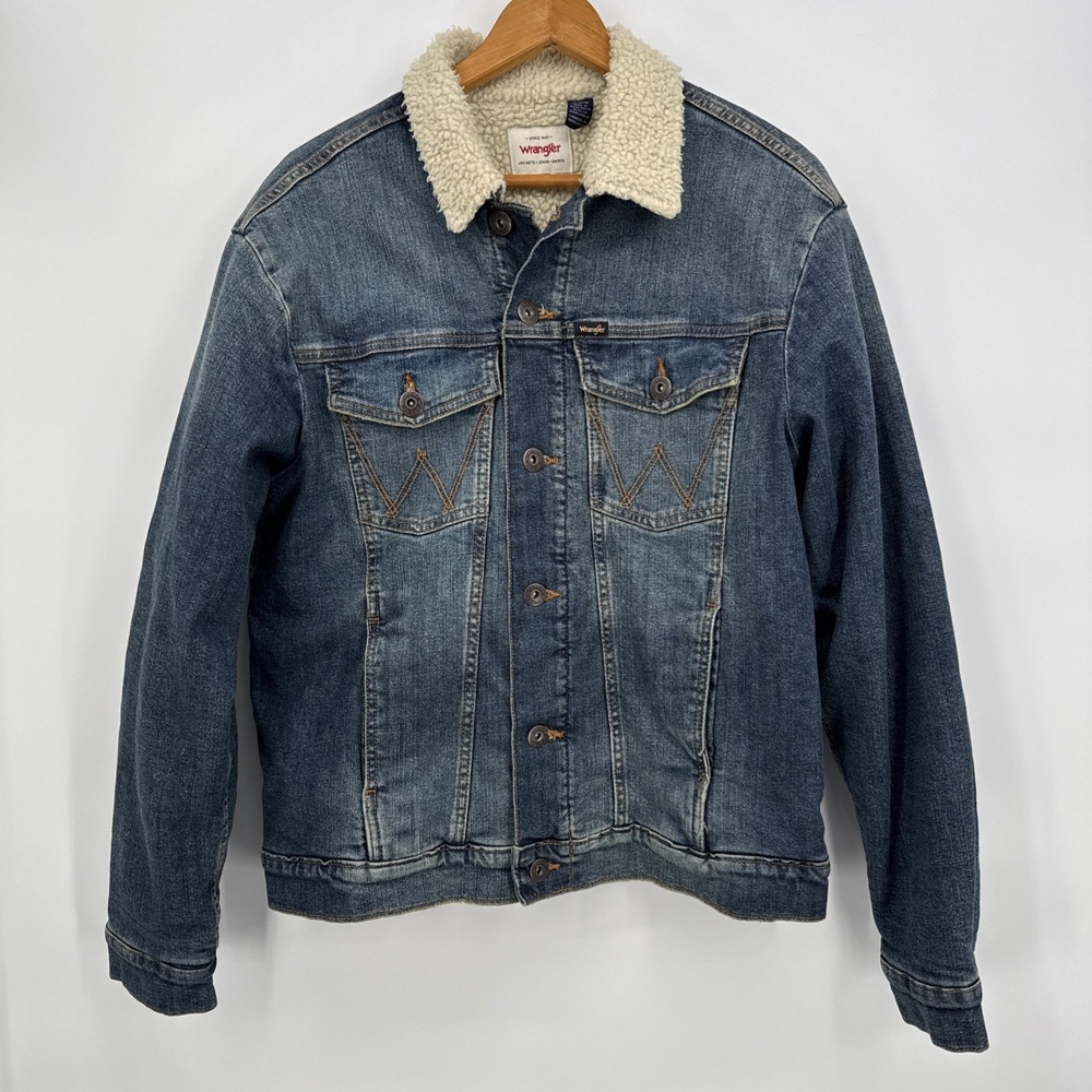 Wrangler Denim Western Trucker Jacket Men's Sz M Blue Sherpa Lined Button